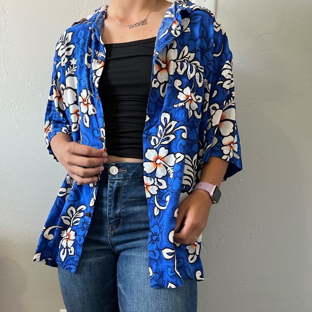 Blue Floral Vacation Dress Shirt